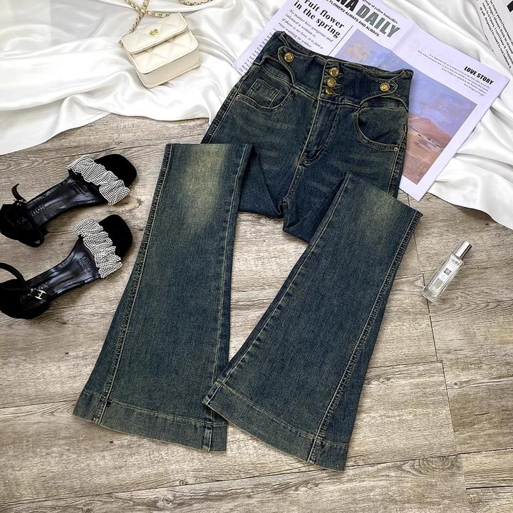 复古蓝微喇牛仔裤女秋季2025新款高腰显瘦港风设计感马蹄喇叭裤子