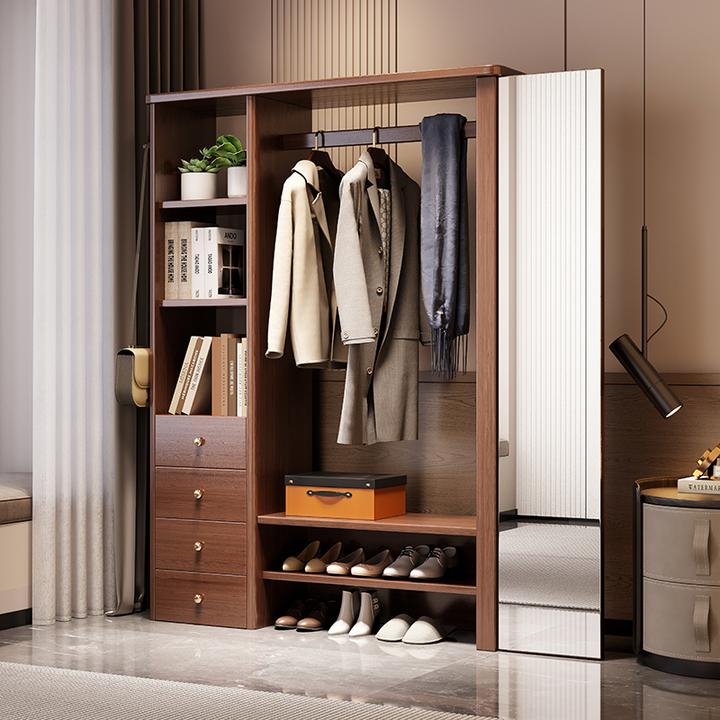 实木挂衣架全身镜一体落地卧室家用置物鞋架收纳衣帽架带穿衣镜