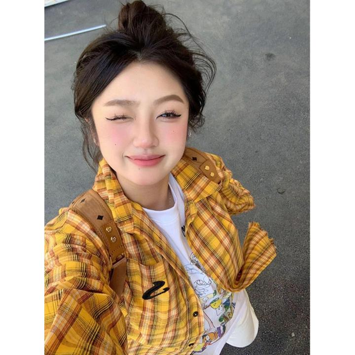 刺绣格子长袖衬衫男女潮牌2024春秋美式复古宽松情侣休闲百搭外套