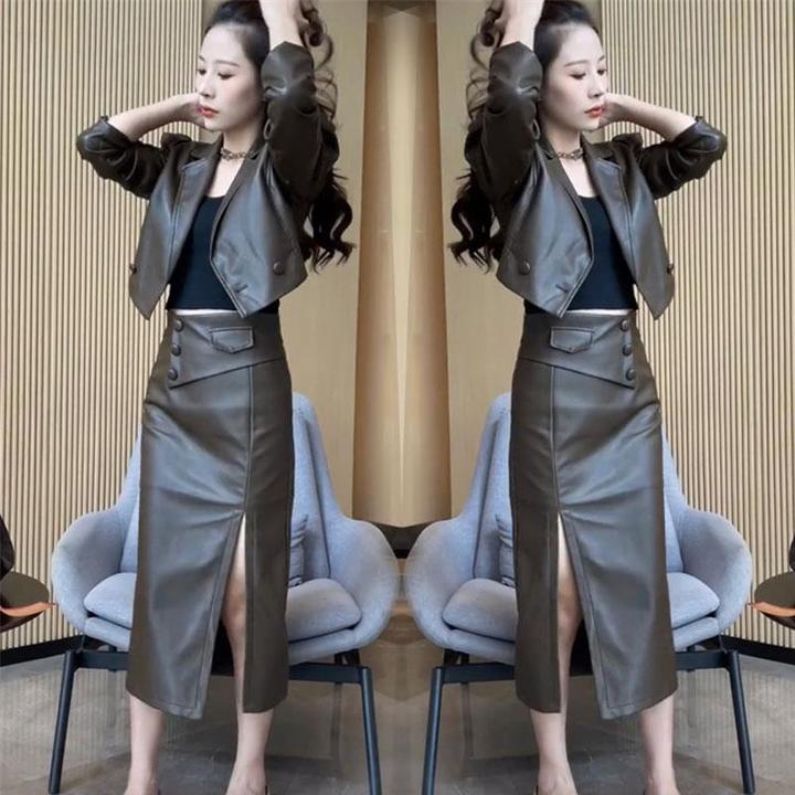 高级感PU皮时尚套装裙女2023年秋季新款职场气质皮衣+高腰一步裙