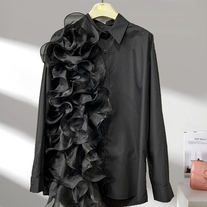欧贷立体网纱盘花荷叶边不规则拼接长袖衬衫设计感纯色宽松衬衫潮