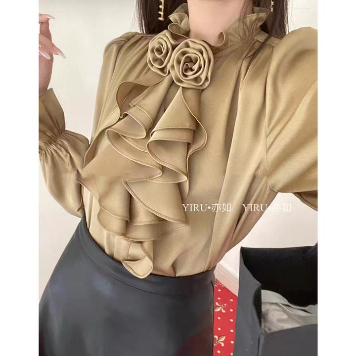秋季新款定制潮牌轻奢高端立领荷叶边立体玫瑰喇叭袖衬衫玫红上衣