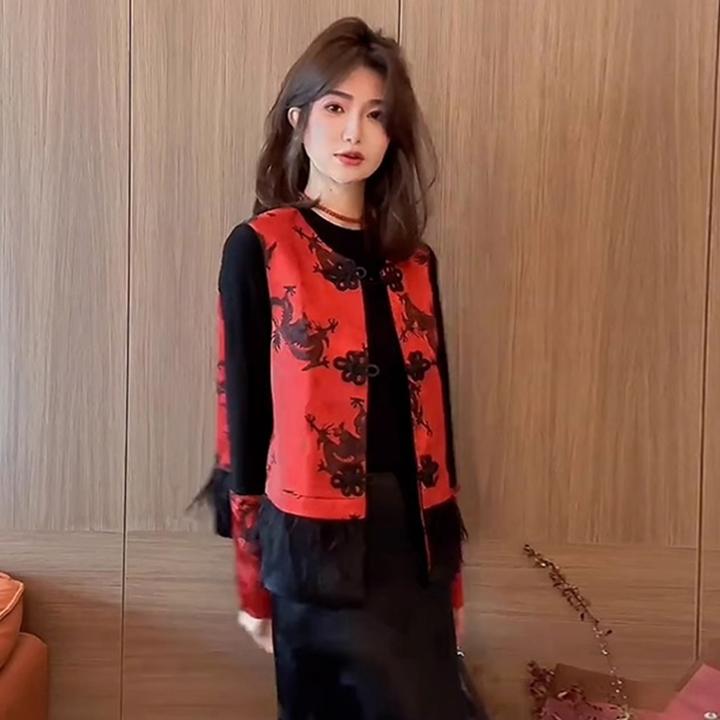 秋装新中式国风红色印花马甲上衣叠穿半身裙高级感超好看两件套装