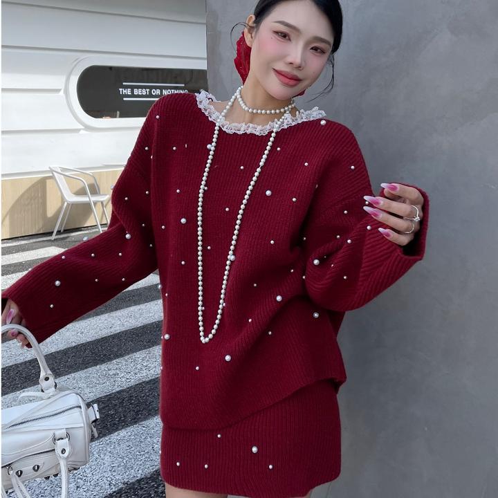 重工钉珠蕾丝花边针织毛衣半身裙两件套女2024年秋冬款时尚套装