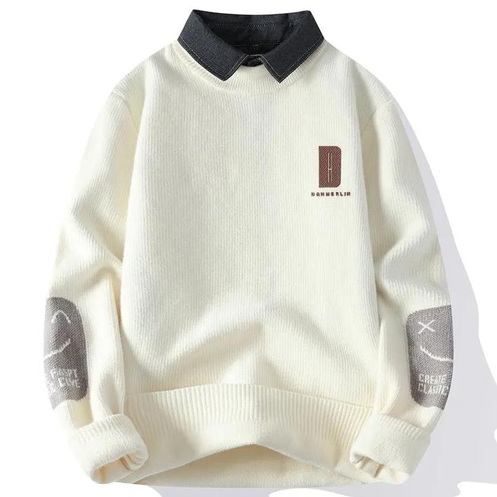 潮流内搭衬衫领长袖针织衫上衣潮牌男秋冬款保暖帅气假两件上衣服