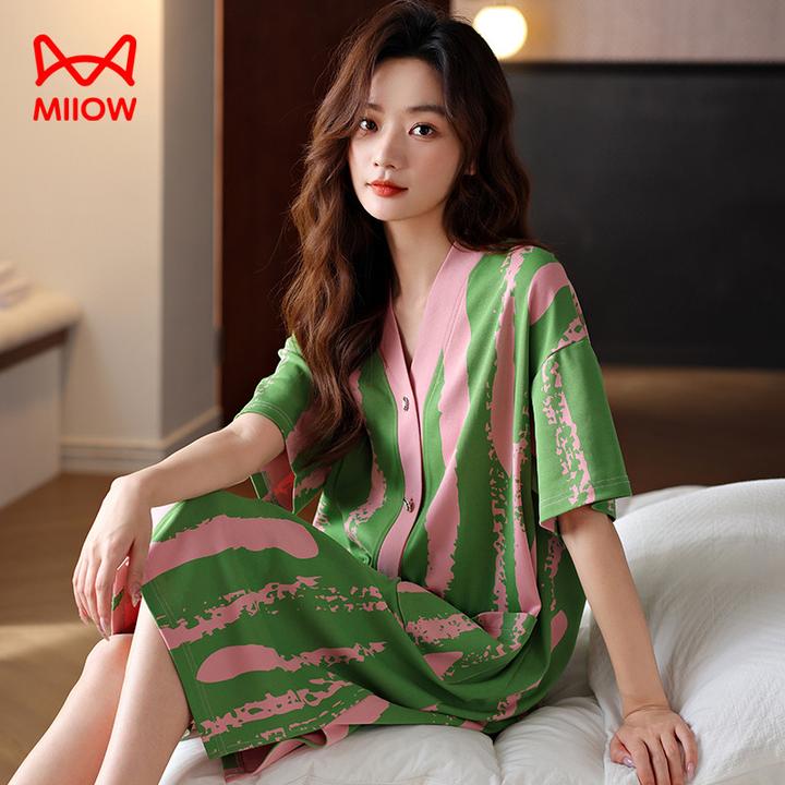 猫人薄荷曼波睡裙纯棉女款2025新款夏季大码睡衣中长款网红