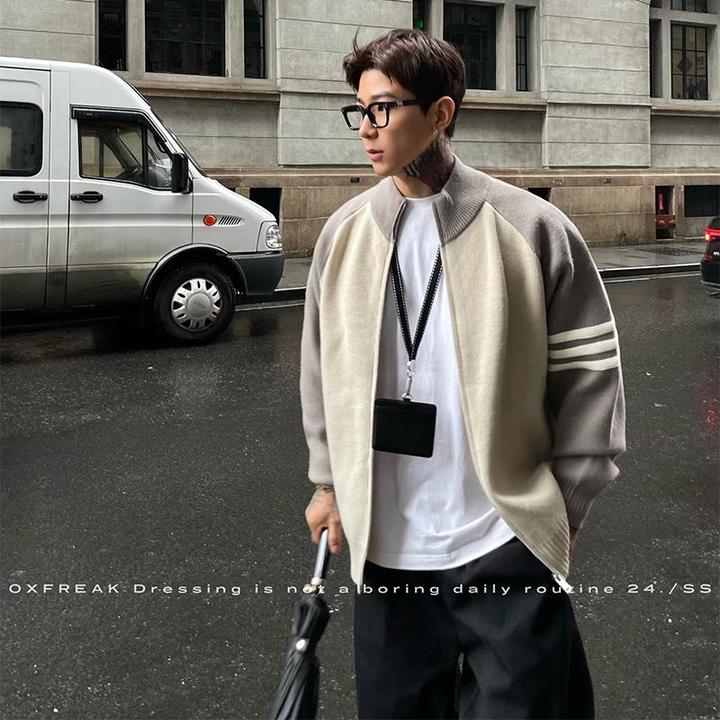 OXFREAK「撞色条纹拼接」秋冬立领针织开衫男休闲加厚毛衣潮牌