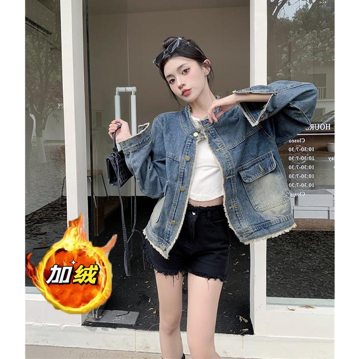 时髦加绒牛仔外套女秋冬新款休闲慵懒复古长袖夹克开衫上衣百搭