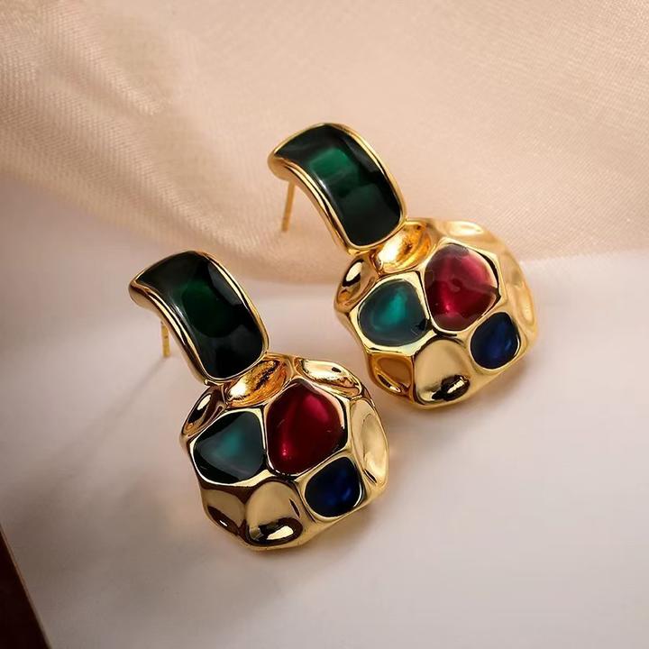 铜合金耳饰 中古复古滴釉珐琅彩耳环高级感气质小众短款吊坠耳钉