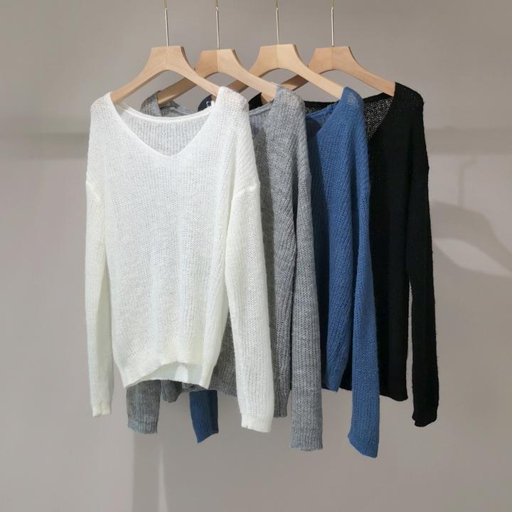 东大门2025春夏马海毛套头V领针织衫宽松毛衣女薄款微透长袖上衣