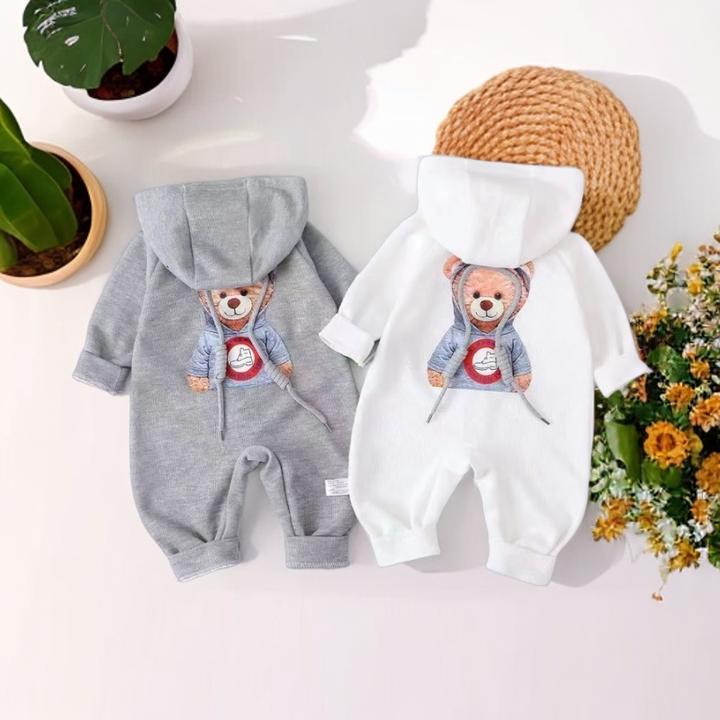 新款宝宝婴幼儿春秋款单层洋气卡通后背小熊长袖连帽连体哈衣