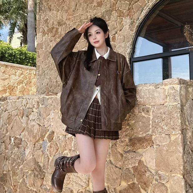 复古休闲翻领棕色皮衣短款女春秋新款美式甜酷机车PU皮夹克短外套