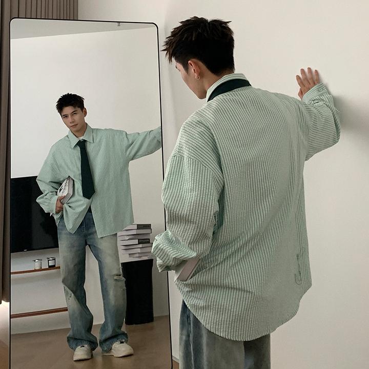 Holocene美式潮牌春秋宽松休闲风长袖条纹衬衫痞帅百搭衬衣外套男