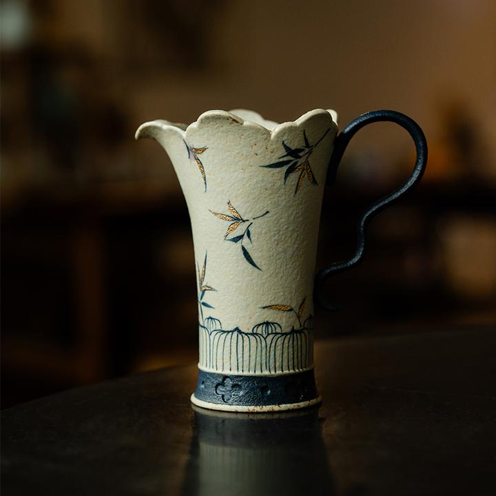 赞朴青花火石红陶瓷公道杯描金纯手绘竹影茶海公杯匀杯分茶器配件