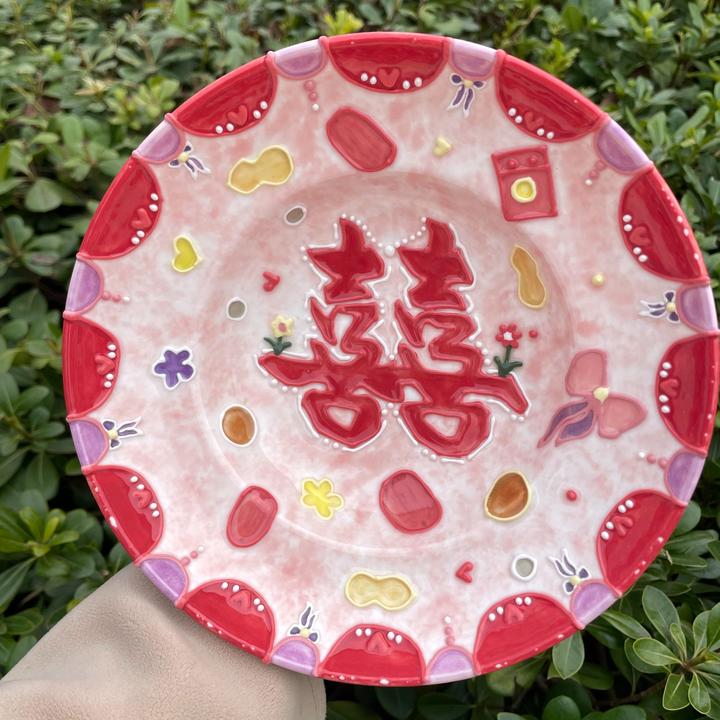 喜字盘手绘陶瓷釉下彩 手工手绘 结婚  送礼可爱创意