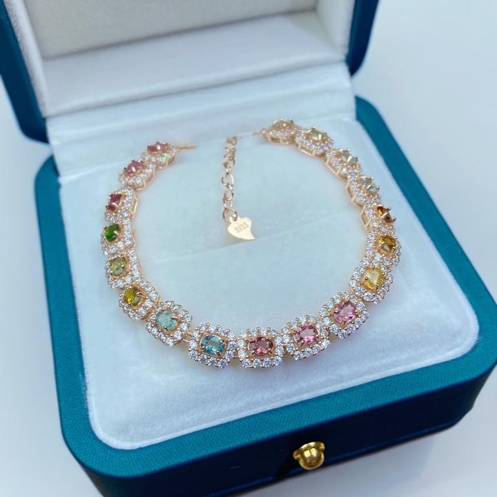 手链气质优雅高贵时尚简约百搭S925银镶嵌天然碧玺碧玺手串新年