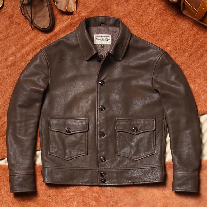 美式复古磨砂擦色孟加头层小牛皮真皮皮衣男士短款商务休闲皮夹克