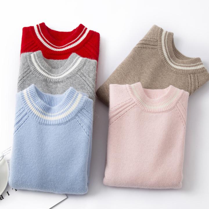 儿童加厚纯羊毛衫男女中大童条纹撞色冬圆领套头保暖毛衣外套