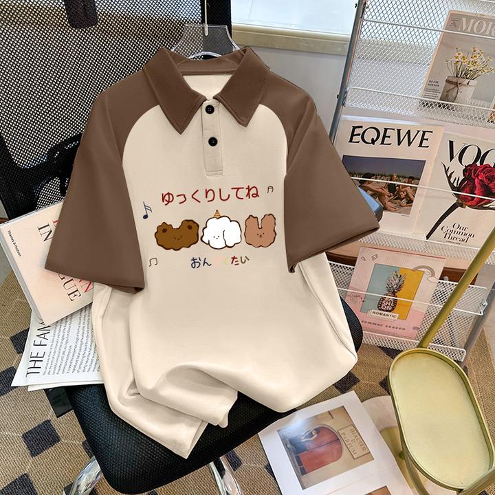 夏季新品儿童装洋气宽松时髦拼接撞色短袖女孩百搭卡通印花趣味潮