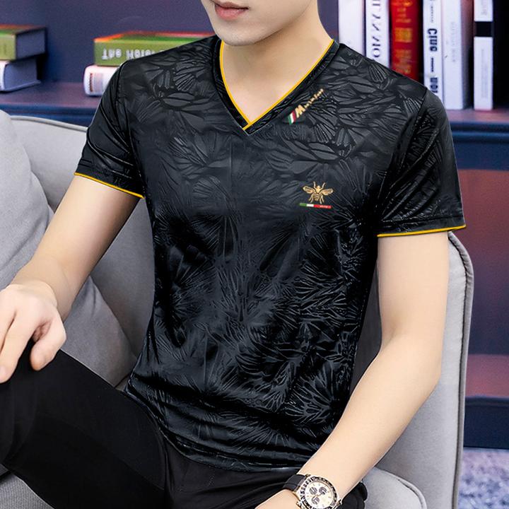 2025夏季冰丝短袖t恤男士半袖潮流韩版修身时尚薄款透气半截袖