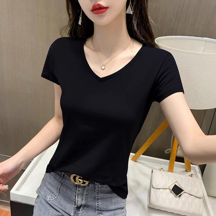 黑色t恤女短袖V领时尚上衣低领修身百搭女装2025新款半袖纯色体恤