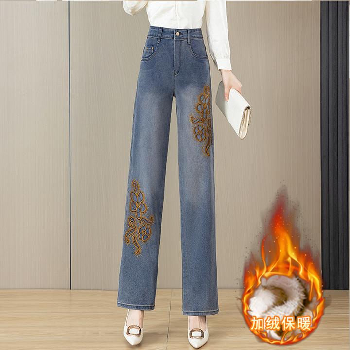 冬季加绒加厚新款复古绣花烫钻直筒阔腿裤网红百搭牛仔裤长裤女
