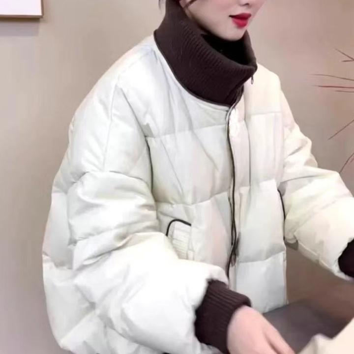 拼色棉服女2024针织立领新款拼接羽绒棉服冬季小个子短款棉衣外套