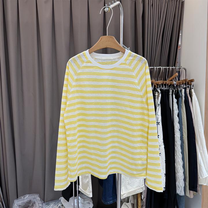 2024夏季新款韩版条纹百搭薄款防晒长袖打底衫女时尚休闲T恤女士