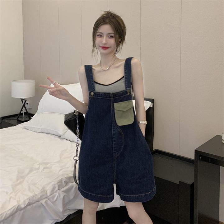 吊带连体裤女夏季韩版气质时尚宽松牛仔背带短裤直筒显瘦外穿裤子
