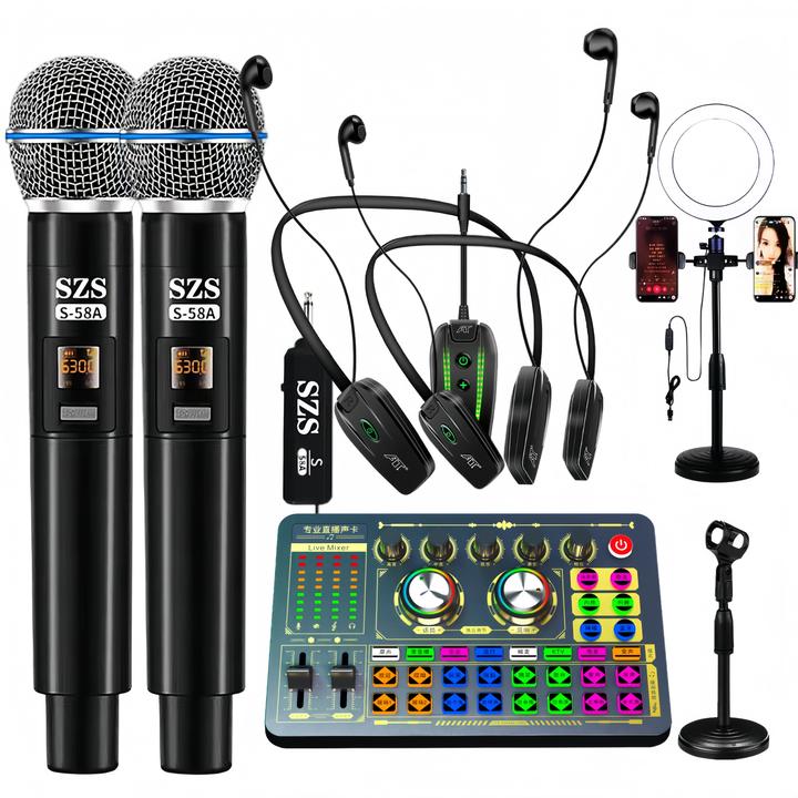 三座山声卡+双SZS无线麦话筒+双ISK无线耳机直播唱歌全套设备套装