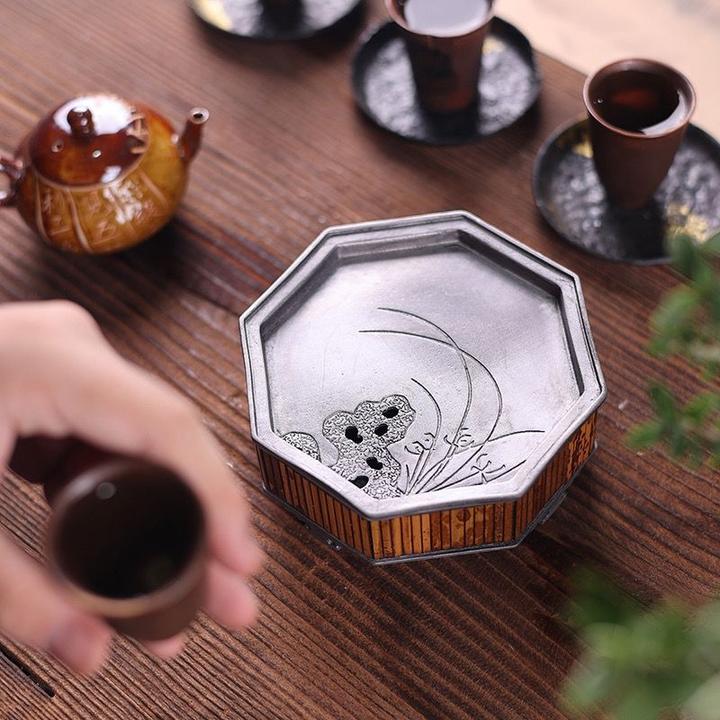 中式古风湘妃竹小号壶承壶承垫蓄水高档家用陶瓷干泡台纯锡复古