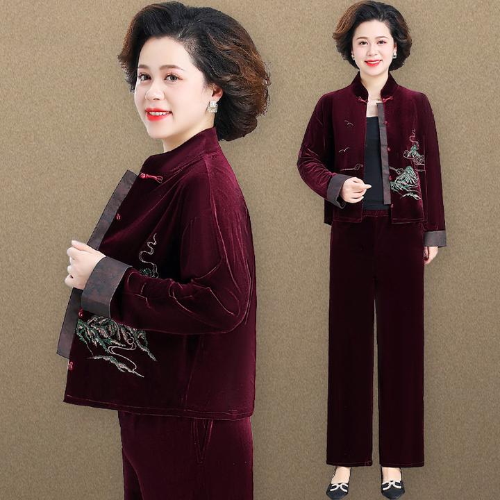 妈妈春装洋气金丝绒套装女2024新款中老年人春秋外套中式唐装上衣