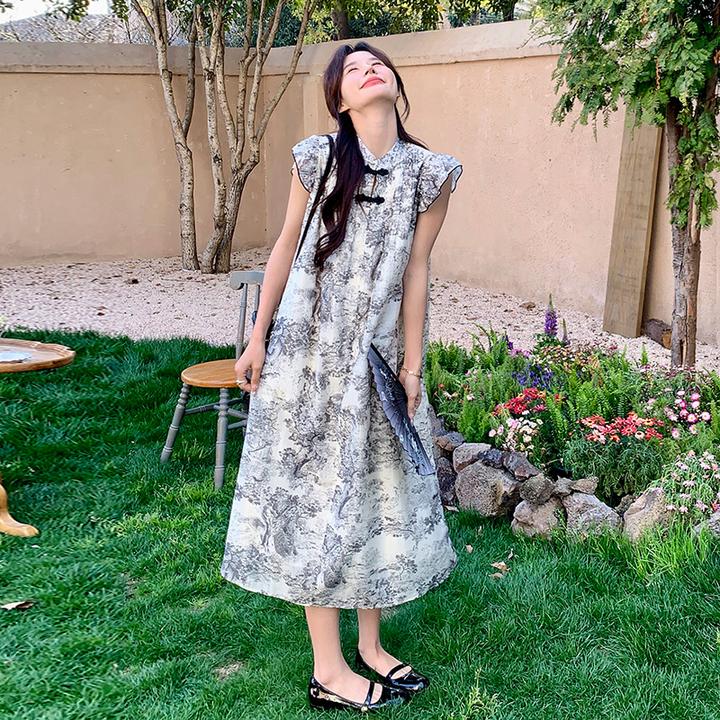 中国风水墨印花宽松连衣裙女显瘦新中式复古盘扣小飞袖修身少女裙