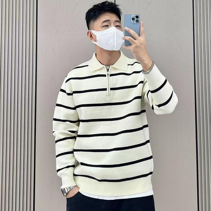 9037男士长袖时尚休闲百搭宽松潮流条纹黑白翻领秋冬情侣韩版毛衣