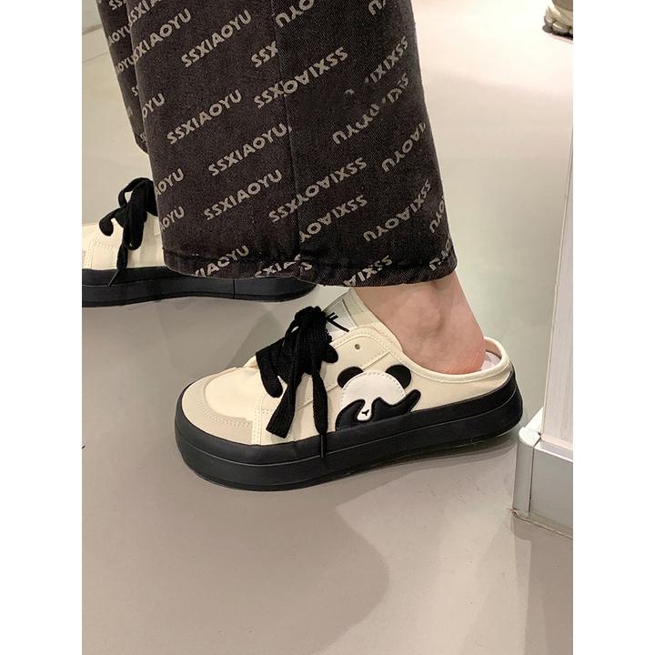 回力黑白熊猫一脚蹬懒人鞋女夏季新款透气软底半拖学生休闲帆布鞋