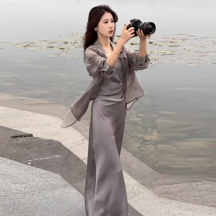 高级感连衣裙女士御姐衬衫2024夏季新款防晒衫百搭吊带裙一整套装