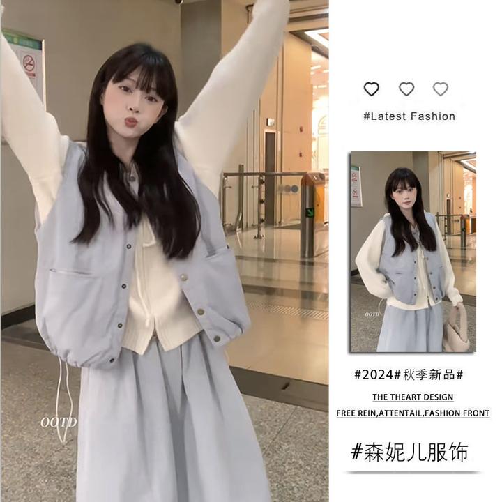 韩系春季女款穿搭2025年新款时尚连帽毛衣棉服马甲半身裙三件套装