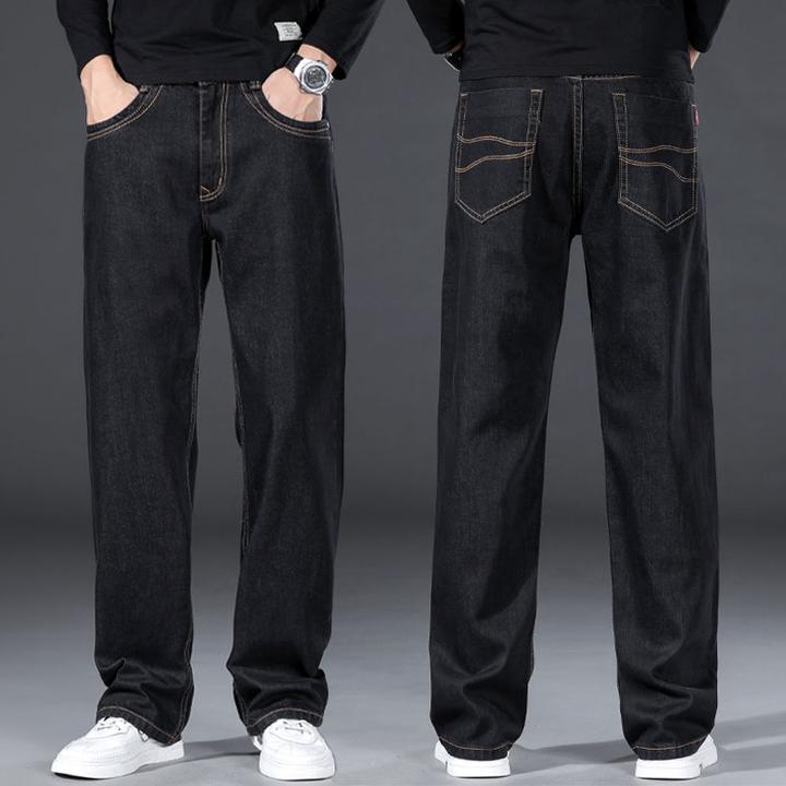香港2025新款黑色牛仔裤男直筒宽松春秋新款高端纯棉大码阔腿裤子