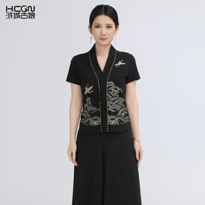 浒城古娘复古气质显瘦百搭碧海鹤影上衣短袖t恤女21B1888遮肉修身