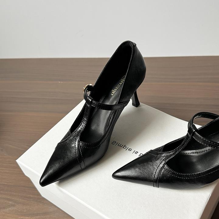 女士百搭宴会鞋子复古T字带尖头玛丽珍单鞋不累脚职业细跟高跟鞋