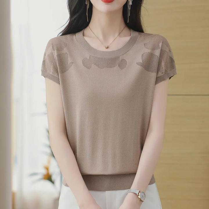 大码夏季女士薄款宽松显瘦镂空圆领洋气中年时尚短袖T恤针织衫63