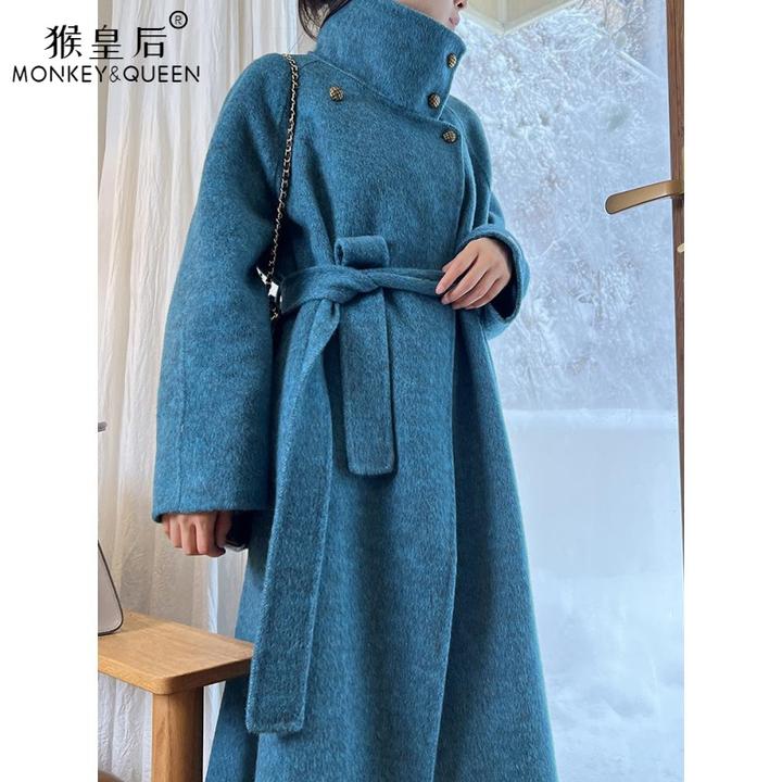 猴皇后圣诞新年战衣袍蓝屿海湾立领毛呢外套双面毛呢大衣女冬
