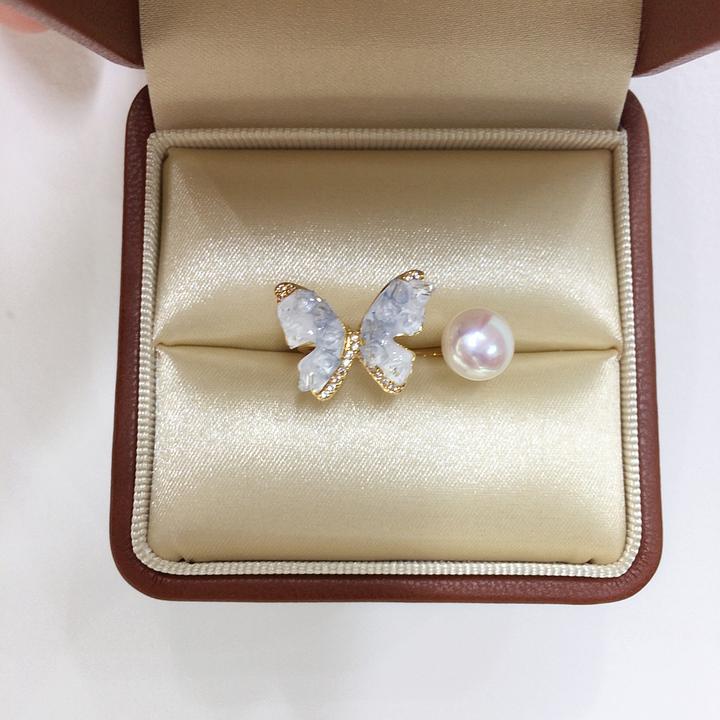 诸暨珍珠高亮无瑕天然淡水珍珠碎碎冰蝴蝶戒指新款ins风时尚礼物