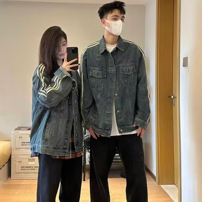 情侣装美式复古潮牌牛仔外套男女同款休闲宽松痞帅翻领工装夹克潮