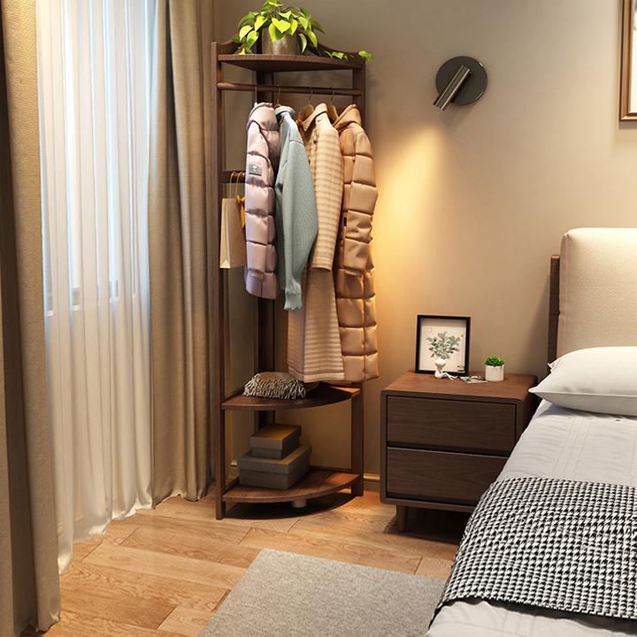 实木转角衣帽架落地卧室挂衣架收纳置物架简易家用拐角挂衣服架子