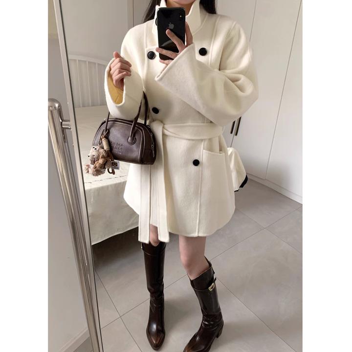 赫本风双羊毛呢外套女秋冬2024新款小个子双排扣系带面毛呢子大衣