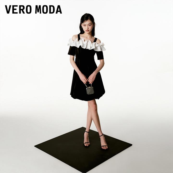 Vero Moda连衣裙夏日穿搭撞色显瘦一字肩吊带约会裙百搭324261005
