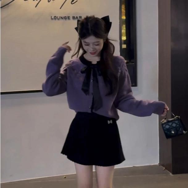 小香风撞色蝴蝶结系带毛衣女秋冬新款高腰半身裙气质时尚两件套装