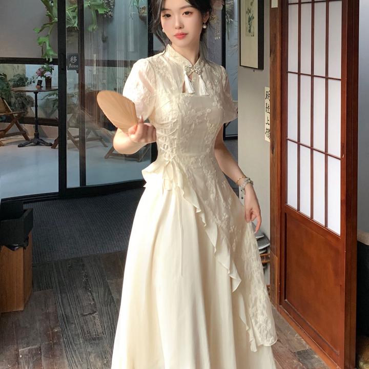 新中式改良旗袍连衣裙夏季新款流苏绣花绑带不规则气质小众长裙子