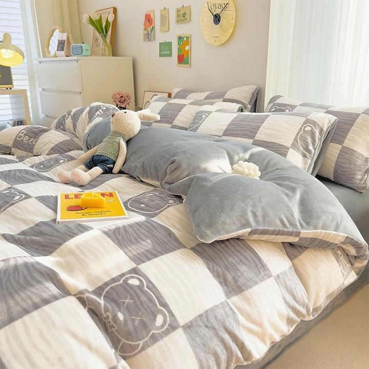 加厚牛奶绒四件套冬季毛绒加绒法莱绒三件套床单单人被套加绒被套
